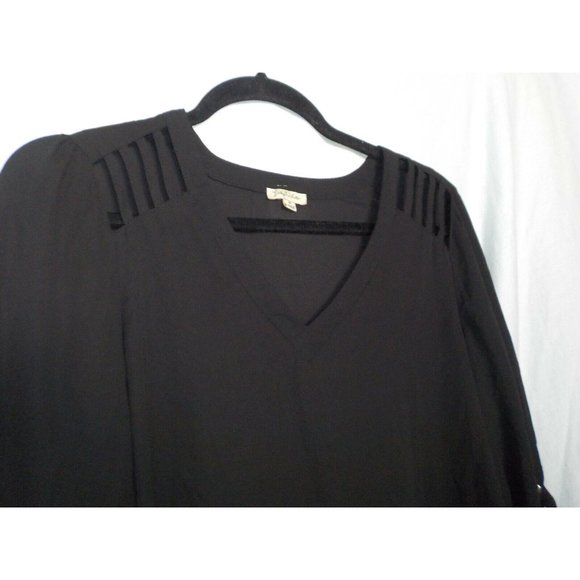 Lily White Sheer Black Blouse Top Cold Shoulder Roll-Up Tabs - Picture 1 of 4